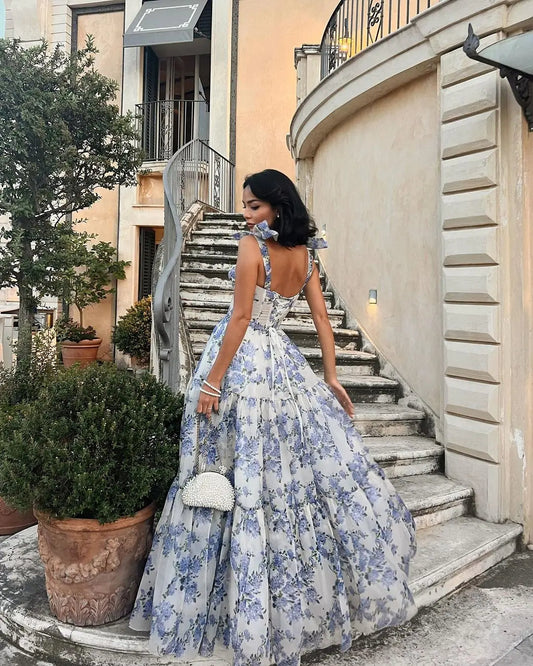 Floral Tie Strap Maxi Dress In Blue