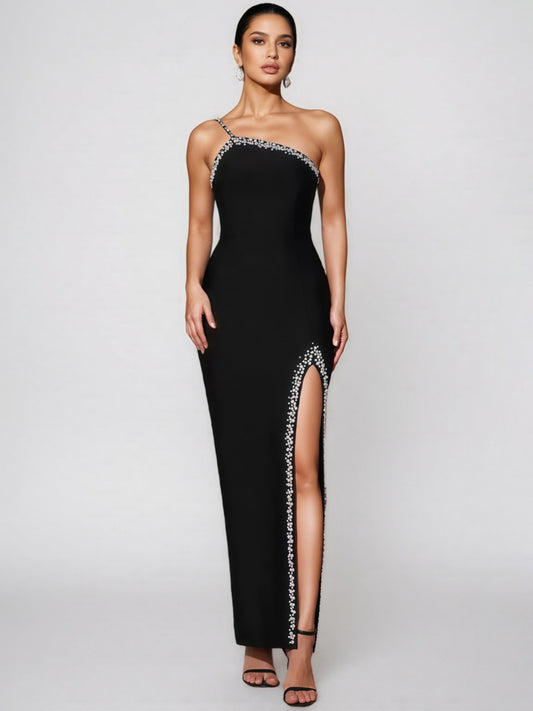 Olive Diamond-Studded High Slit Maxi Dress