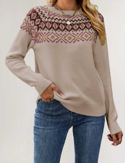 Vintage Jacquard Round Neck Pullover Knit Sweater