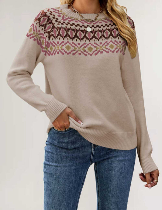 Vintage Jacquard Round Neck Pullover Knit Sweater