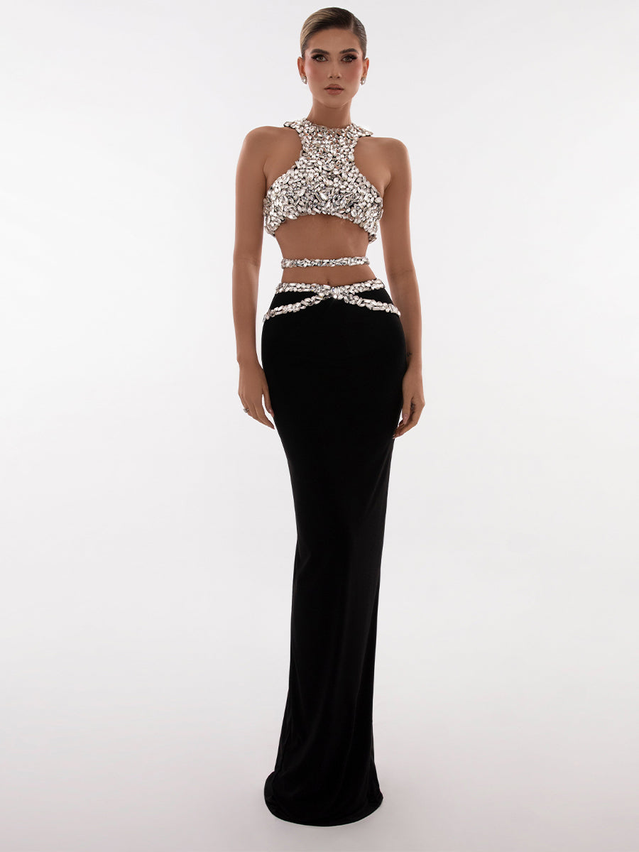 Isabella Elegant Crystal Crop Top Long Skirt
