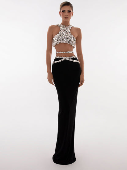 Isabella Elegant Crystal Crop Top Long Skirt