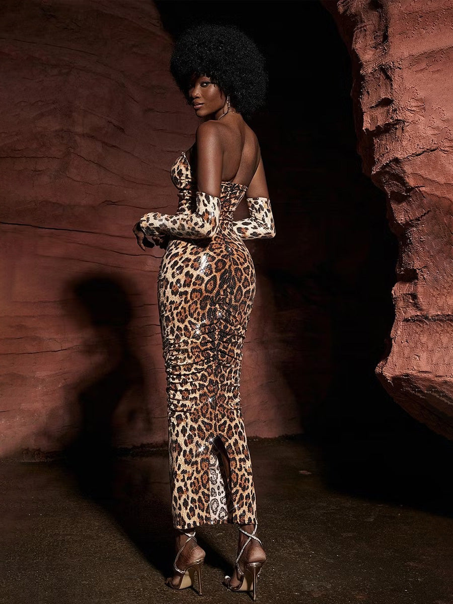 Liana Strapless Leopard Sequin Maxi Dress