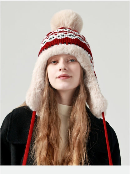 Haila - Jacquard Patterned Fleece-Lined Knitted Beanie with Earflaps