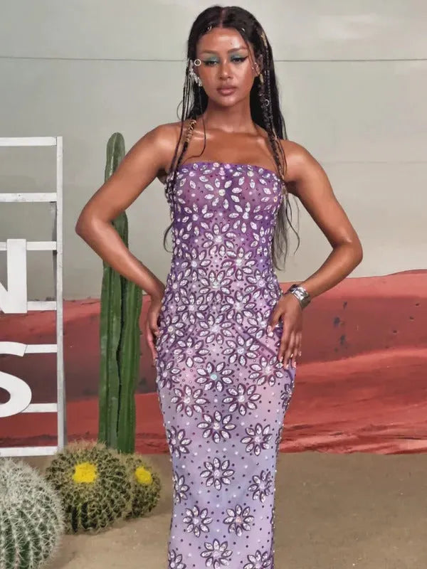 Jaylen Strapless Floral Rhinestone Maxi Dress