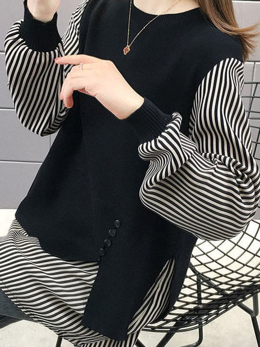 Original Loose Split-Joint 5 Colors Striped Round-Neck Long Sleeves False Two Sweater Top