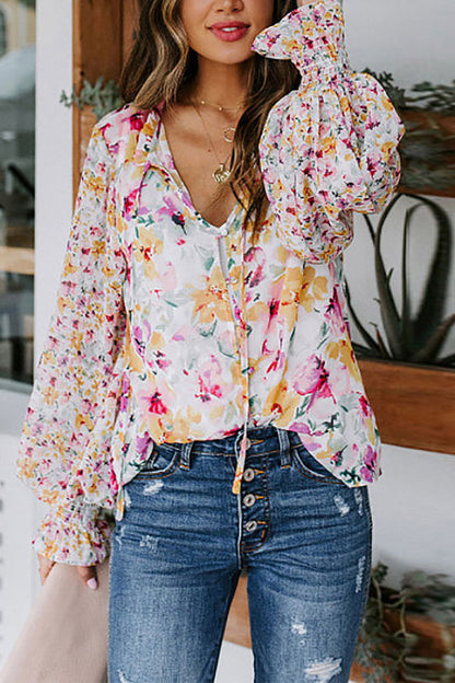 Sweet Flower Print Balloon Sleeve Blouse
