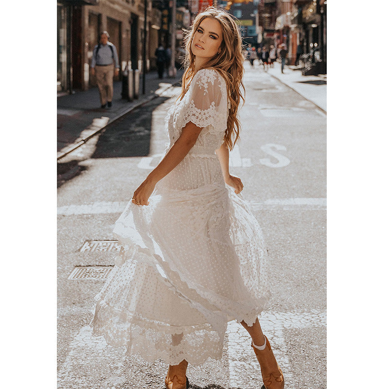 V-Neck Short Sleeve Lace Dress