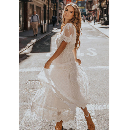 V-Neck Short Sleeve Lace Dress