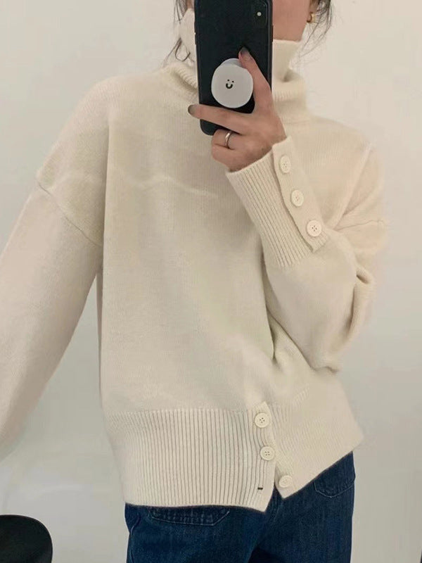 Simple Loose Long Sleeves Solid Color High-Neck Sweater Tops