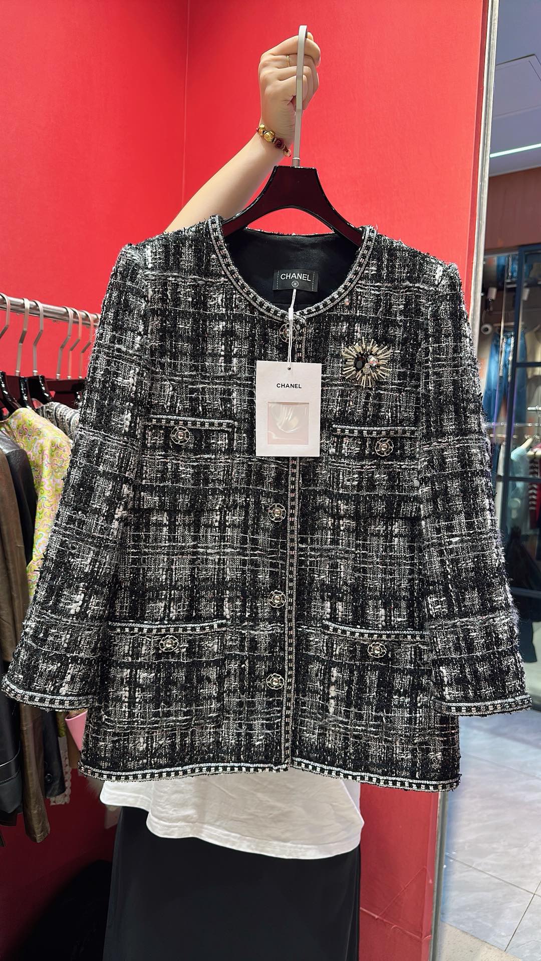 CC Mid-Length Coat with Three-Quarter Ssleeves Black Premium Fabrics