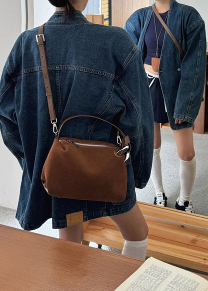 Suede Shoulder and Crossbody Bag With Leather Straps