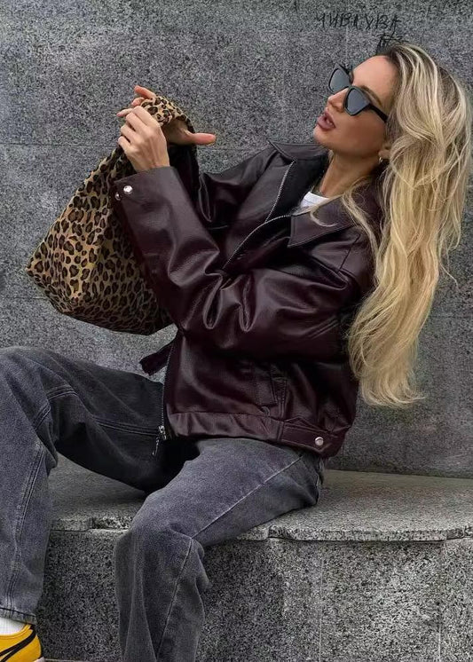 Faux Leather Zip Up Jacket Burgundy Modern