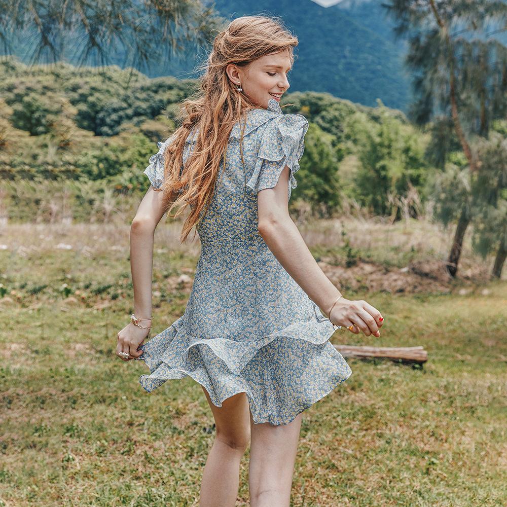 Summer Women'S Pastoral Floral Lotus Leaf Collar Waist Slimming Dress