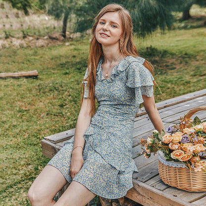 Summer Women'S Pastoral Floral Lotus Leaf Collar Waist Slimming Dress