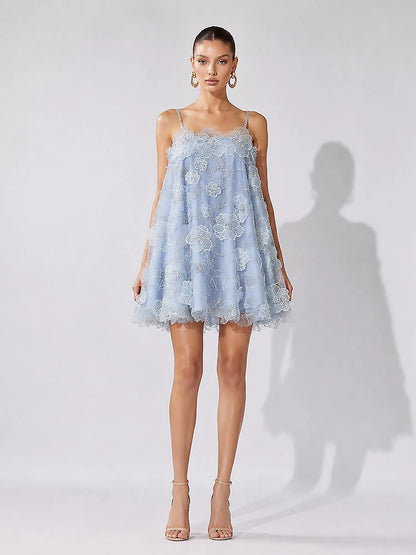 Abrianna Rhinestone Flower and Sequin Mesh Mini Dress