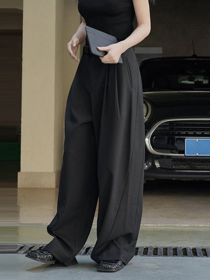High Waisted Loose Pleated Solid Color Split-Joint Casual Pants Bottoms Trousers