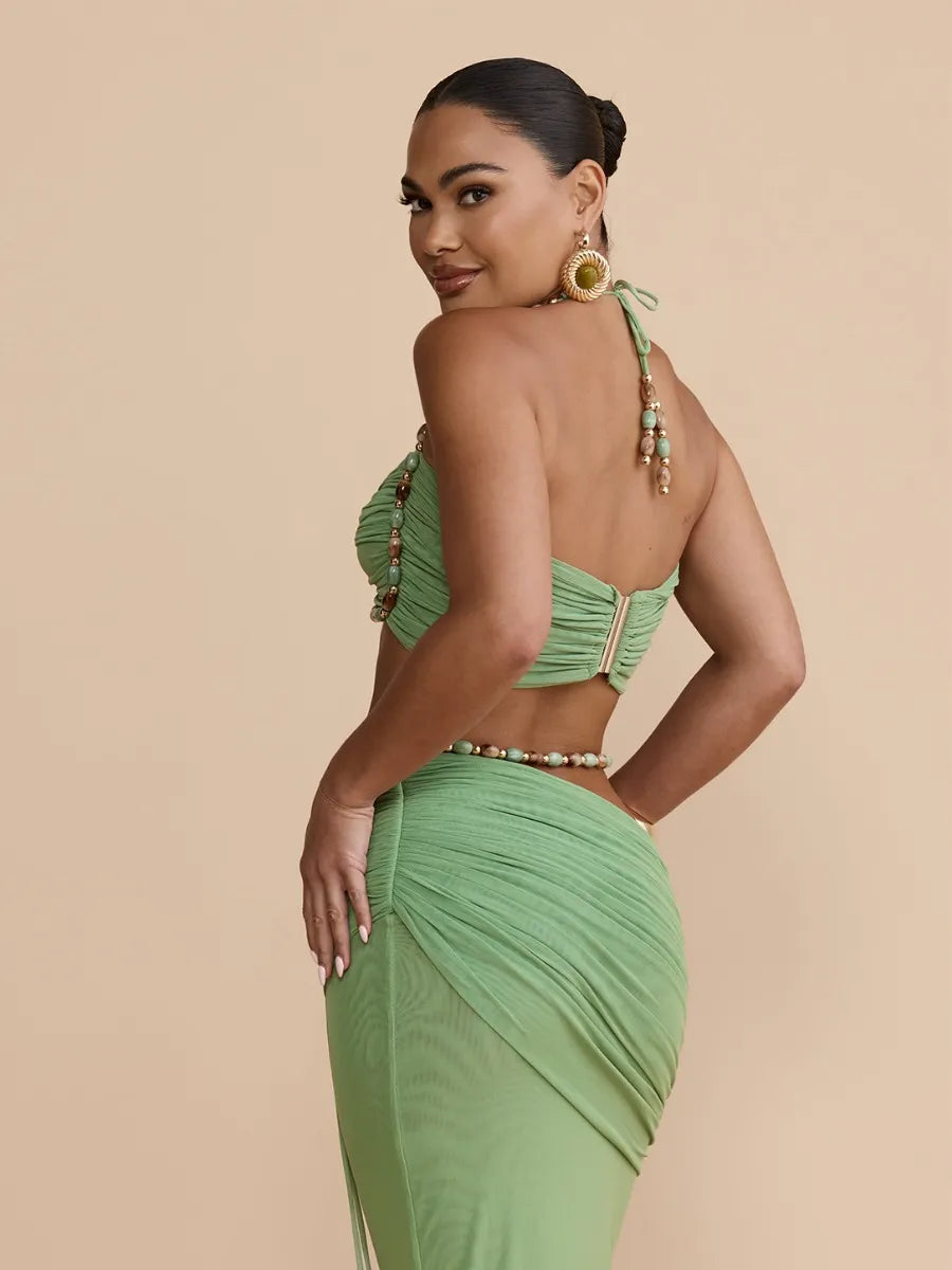 Marisol Beaded Halter Bikini Set in Green