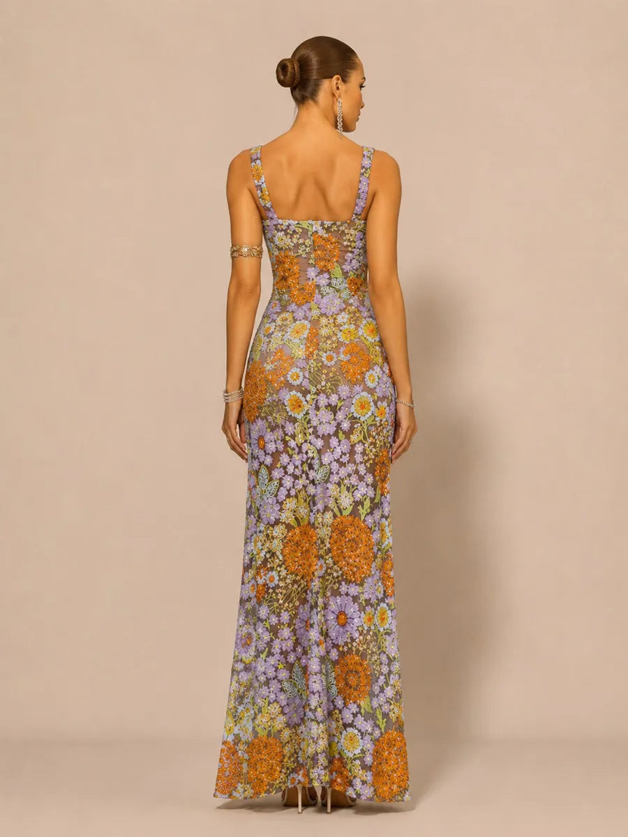 Aria Romantic Embellished Sequin Floral High Slit Maxi Dress