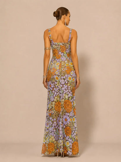 Aria Romantic Embellished Sequin Floral High Slit Maxi Dress