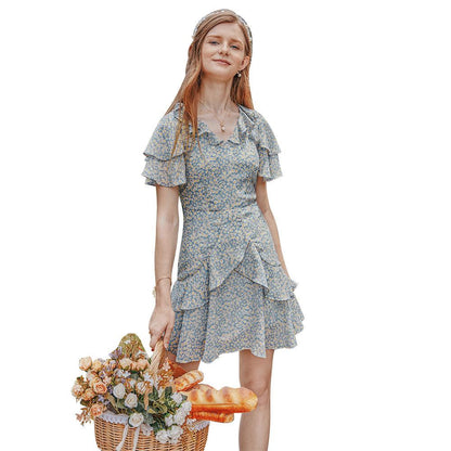 Summer Women'S Pastoral Floral Lotus Leaf Collar Waist Slimming Dress
