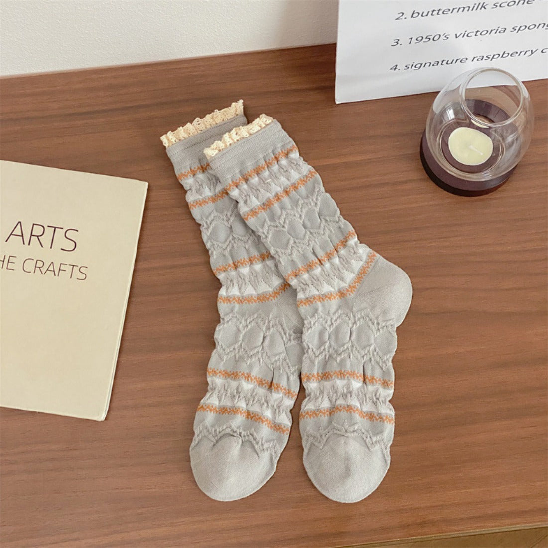 Rufia - Diamond Pattern Pleated Mid-Calf Socks