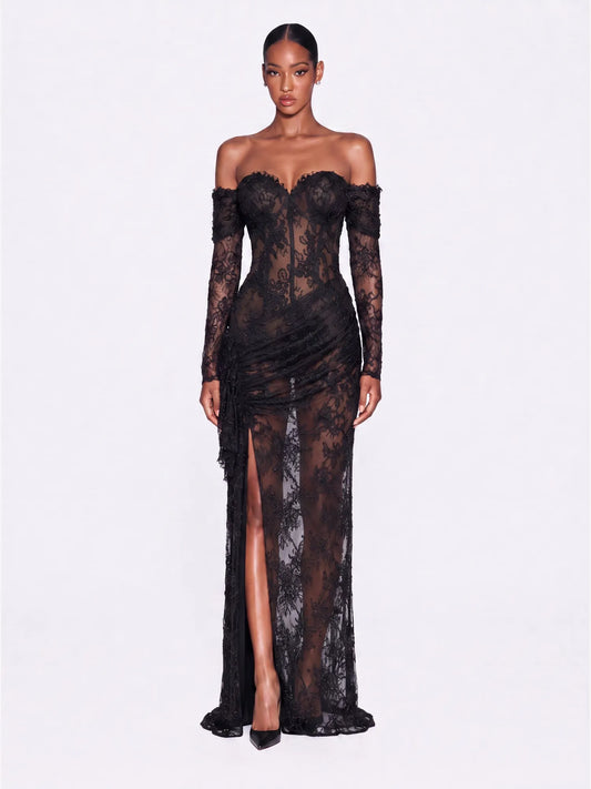 Cosima Rhinestone Strapless Lace Maxi Dress