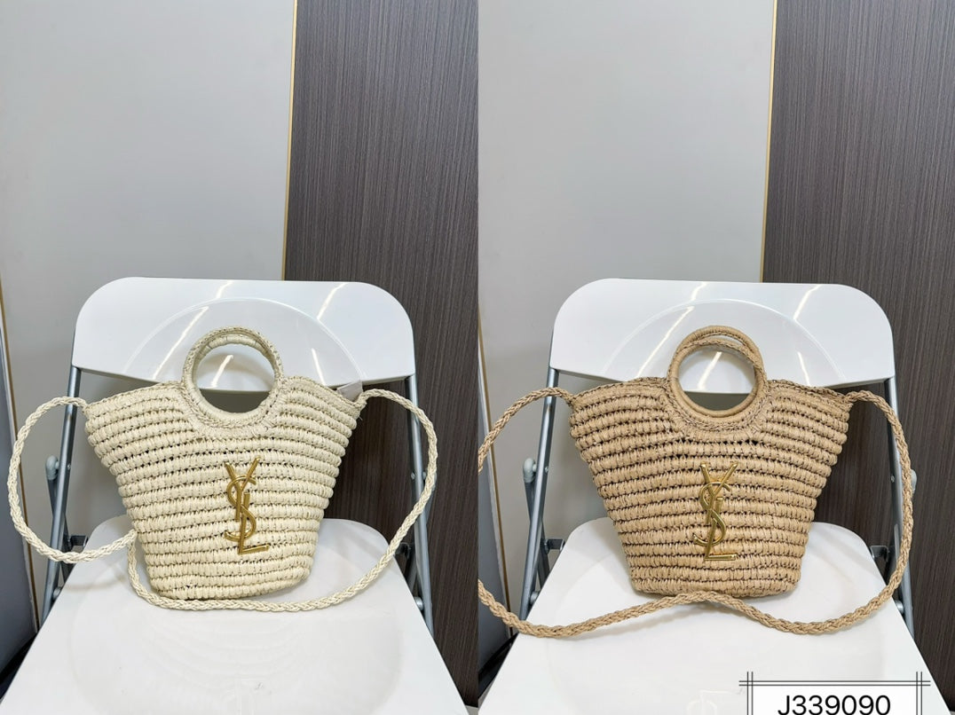 YSL SAINT LAURENT Raffia Woven Tote Bag For Summer Vacation Beach 30x20cm