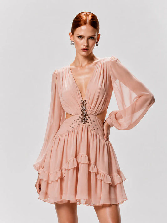 Aurelia Cut-out Chiffon Mini Dress with Cinched Waist
