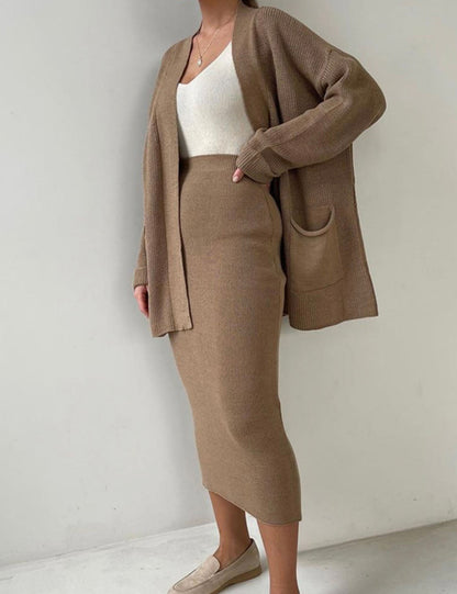2 Pcs Solid Color Cardigan Sweater Skirt Set