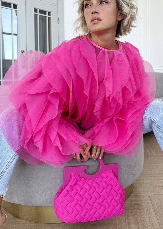 Sheer Organza Top With Ruffled Balloon Sleeves