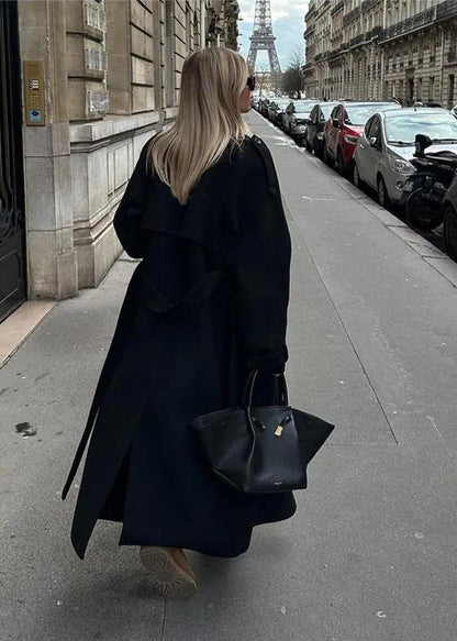 Classic Black Wool Blend Trench Coat with Oversized Lapel