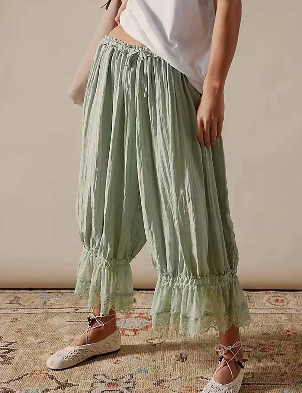 Hollow Lace Tie Front Sleepwear Pants