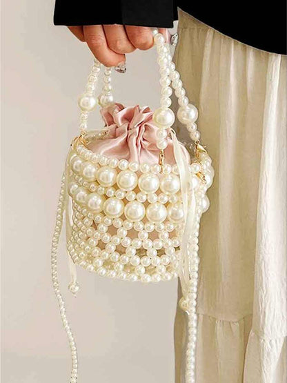 Clarissa Faux Pearl Drawstring Bucket Bag