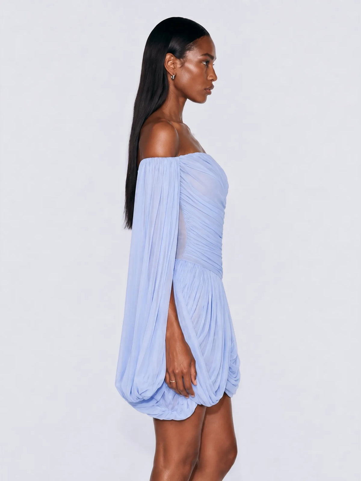 Arwen Off Shoulder Ruched Chiffon Mini Dress In Blue