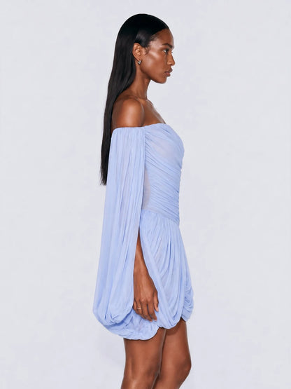 Arwen Off Shoulder Ruched Chiffon Mini Dress In Blue