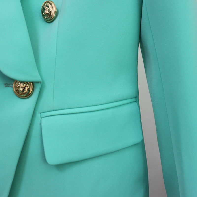 Double-Breasted Blazer With Lion Head Metal Button