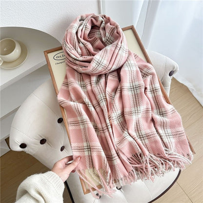 Color Block Plaid Fringe Scarf