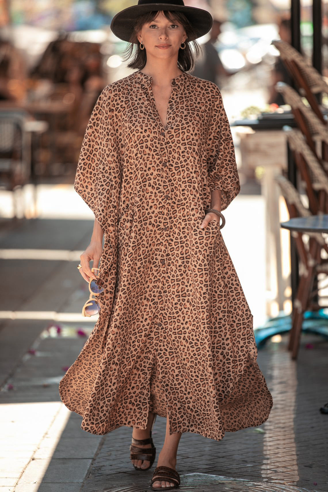 Four-Sided Elastic-Printed Beach Blouse Loose Pocket Single-Breasted Vacation Dress