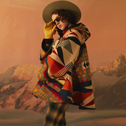 Long-Sleeved Hooded Coat Printed Woolen Coat