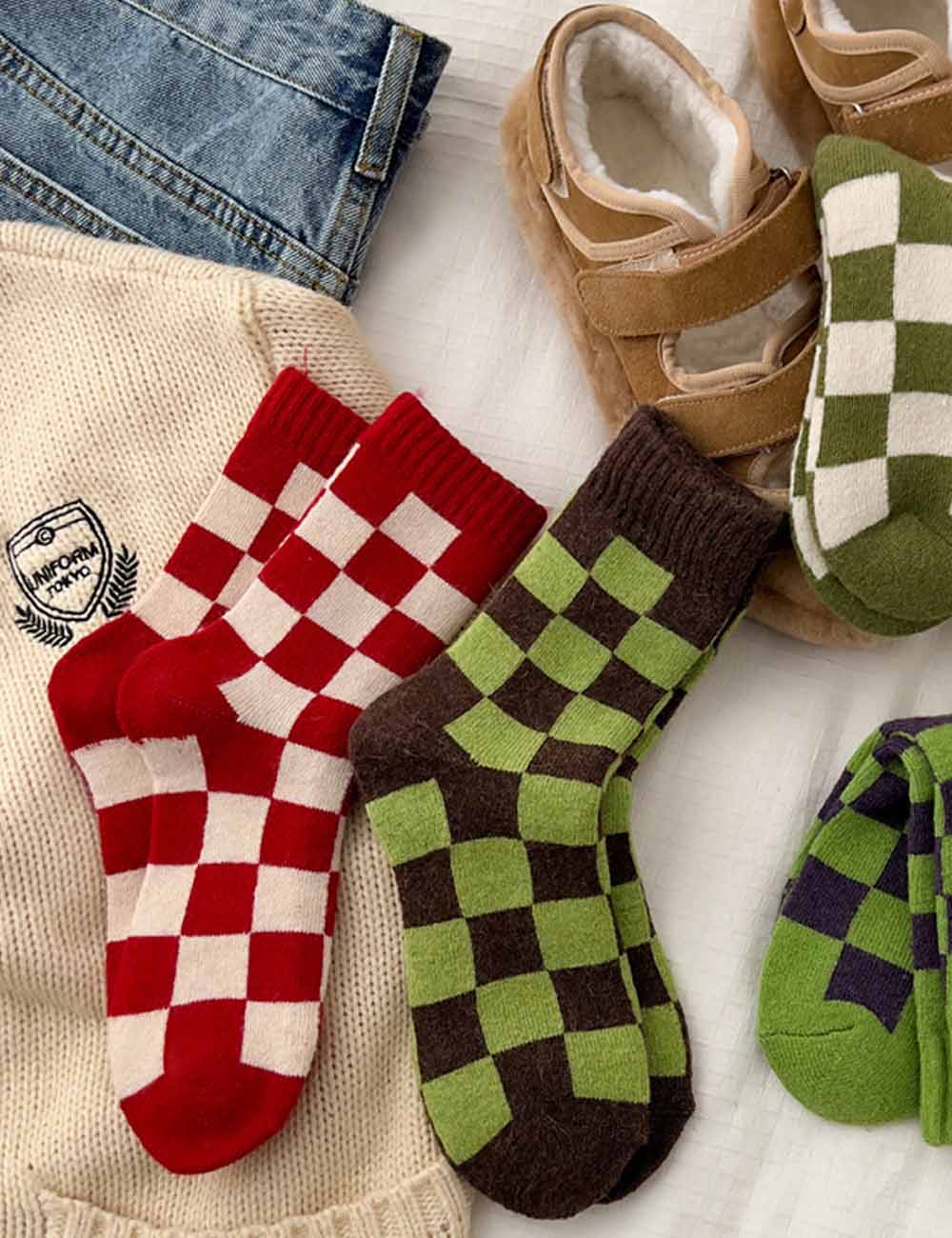 Color Block Plaid Thicken Warm Winter Socks