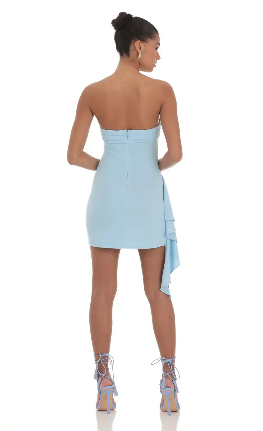 Strapless Ruched Tassel Dress In Blue