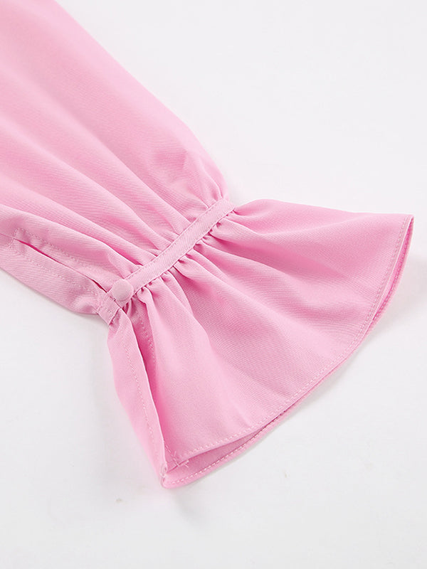Solid Color Ruffled Flared Sleeves Long Sleeves V-Neck Blouses
