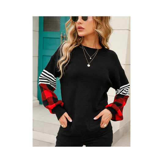 Casual Long Sleeves Loose Checkered Round-Neck Sweater Tops