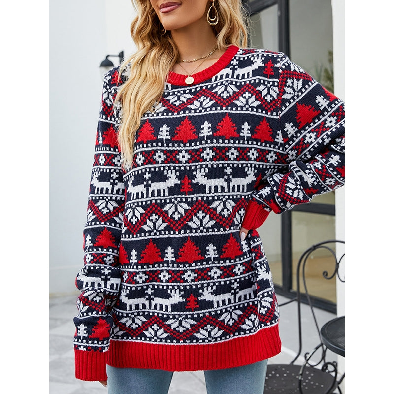 Christmas Loose Long Sleeves Printed Sweater Tops