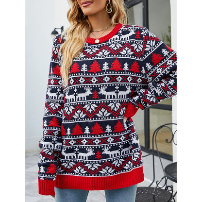 Christmas Loose Long Sleeves Printed Sweater Tops
