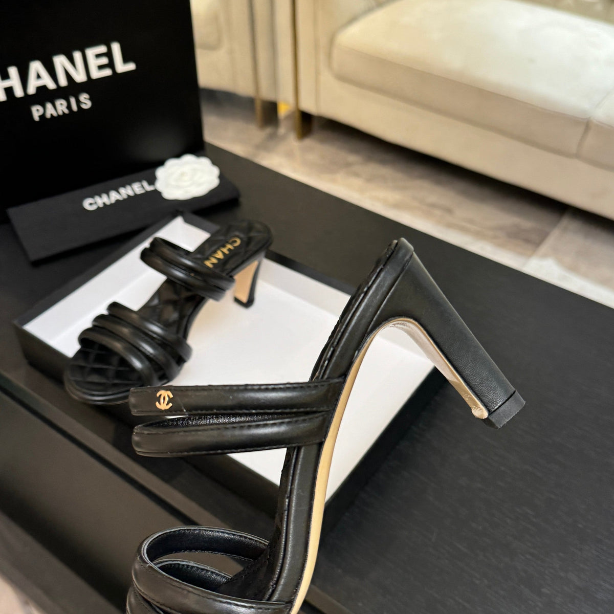 CC 26C Double C Strap Sandals Black Sheepskin