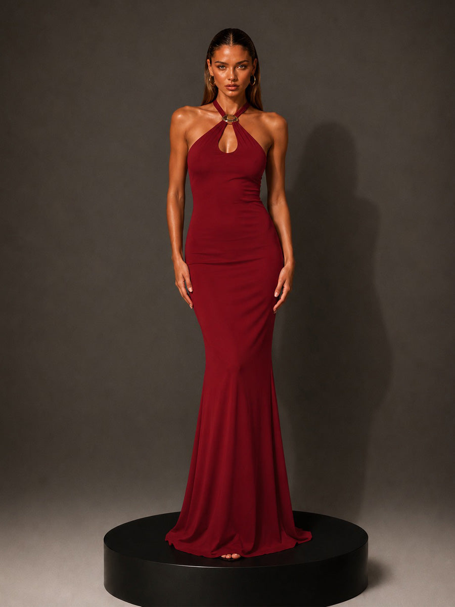 Anais Metal-Buckle Halterneck Maxi Dress