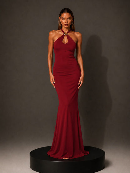 Anais Metal-Buckle Halterneck Maxi Dress