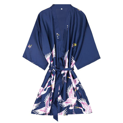 Silk Crane Pajama Girl Summer Mid Sleeve Bride Morning Robe Big Yard Home Robe Bathrobe Color56